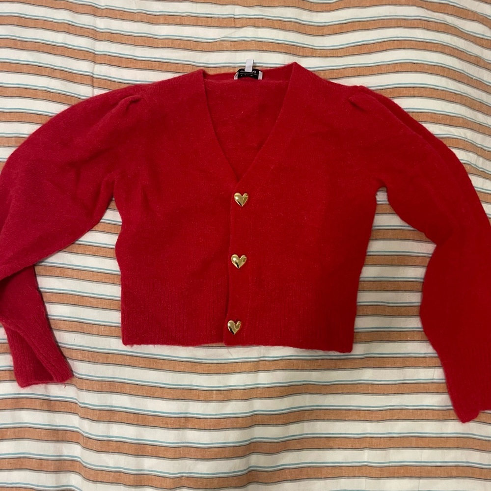 & other stories red knit heart button cardigan
